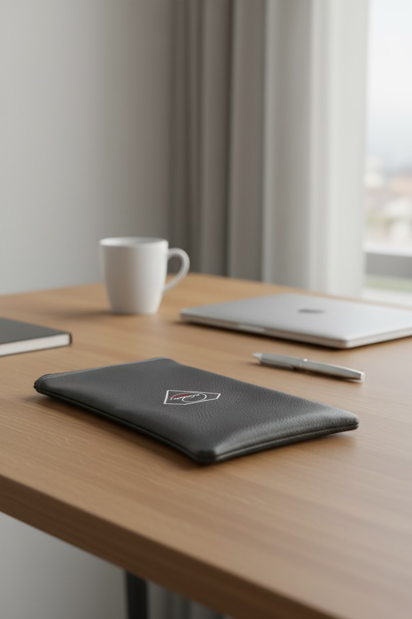 Two leather pouches, one Grey and one green, with a logo on a front .